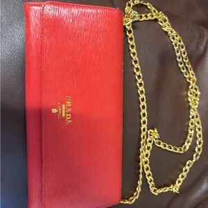 Prada Scarlet Leather Clutch with Gold Chain